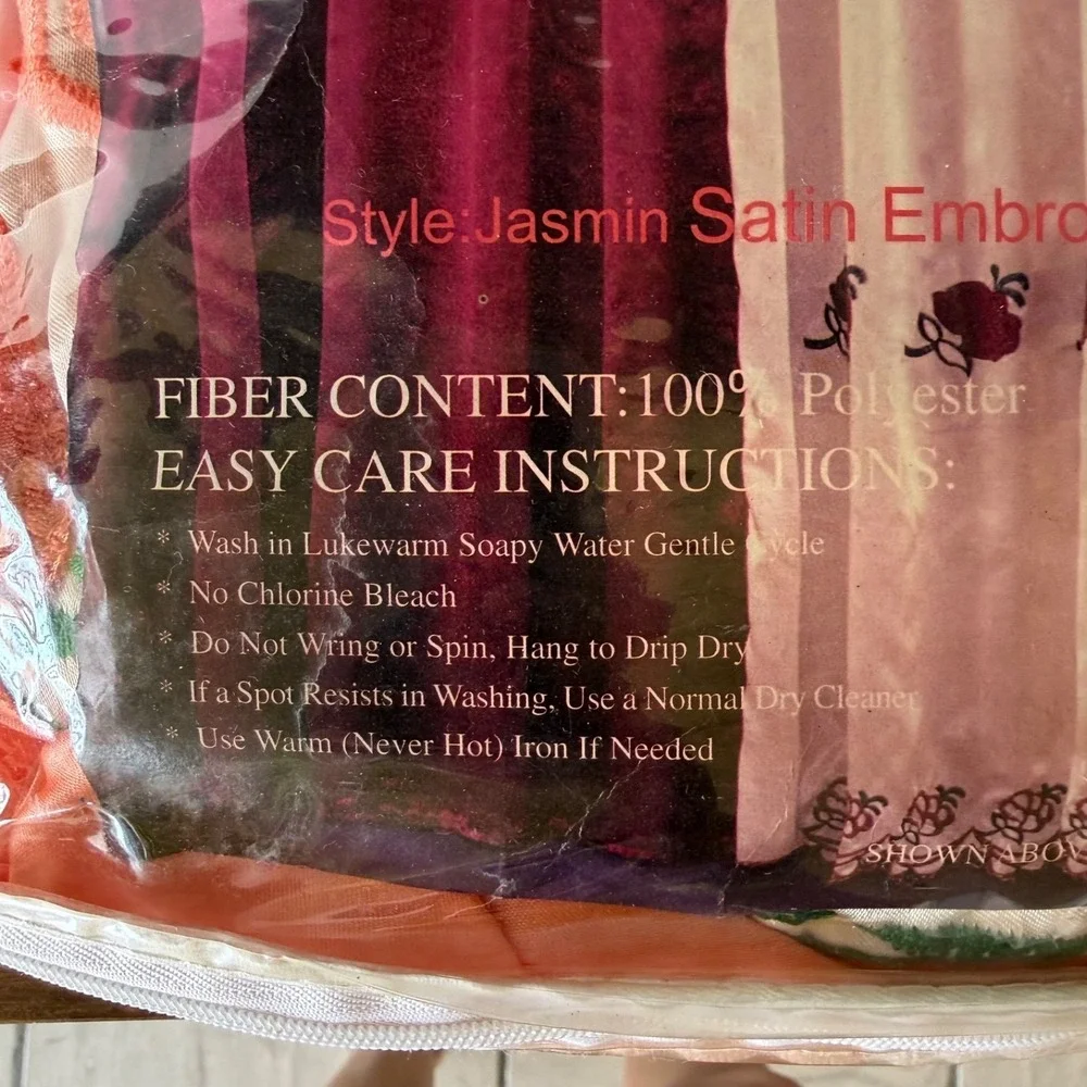 Vintage Peach Ecru Satin Embroidered Curtain Set Festoon Floral 48x95 NOS Farm‎
